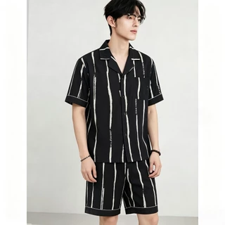 ชุดนอนผู้ชายเสื้อเชิ้ตดูหรูสง่างาม สวมข้างนอกได้ ผ้าไหมอิตาลี นุ่มระบายอากาศ ลายพิมพ์สวยงาม