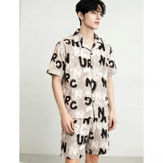 ชุดนอนสไตล์พรีเมียมเสื้อเชิ้ตมีลายพิมพ์ สวมข้างนอกได้ ผ้าไหมอิตาลี สบายผิว ระบายอากาศ ไม่อึดอัด ดูหรูหรา