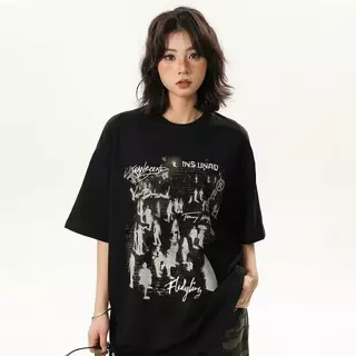 เสื้อยืดคอกลมลายพิมพ์แบรนด์ฮิต สไตล์อเมริกันไฮสตรีท ฤดูร้อน ใส่ได้ทั้งคู่รัก ทรงหลวมแขนสั้นผู้หญิง แต่งตัวแมตช์ง่าย