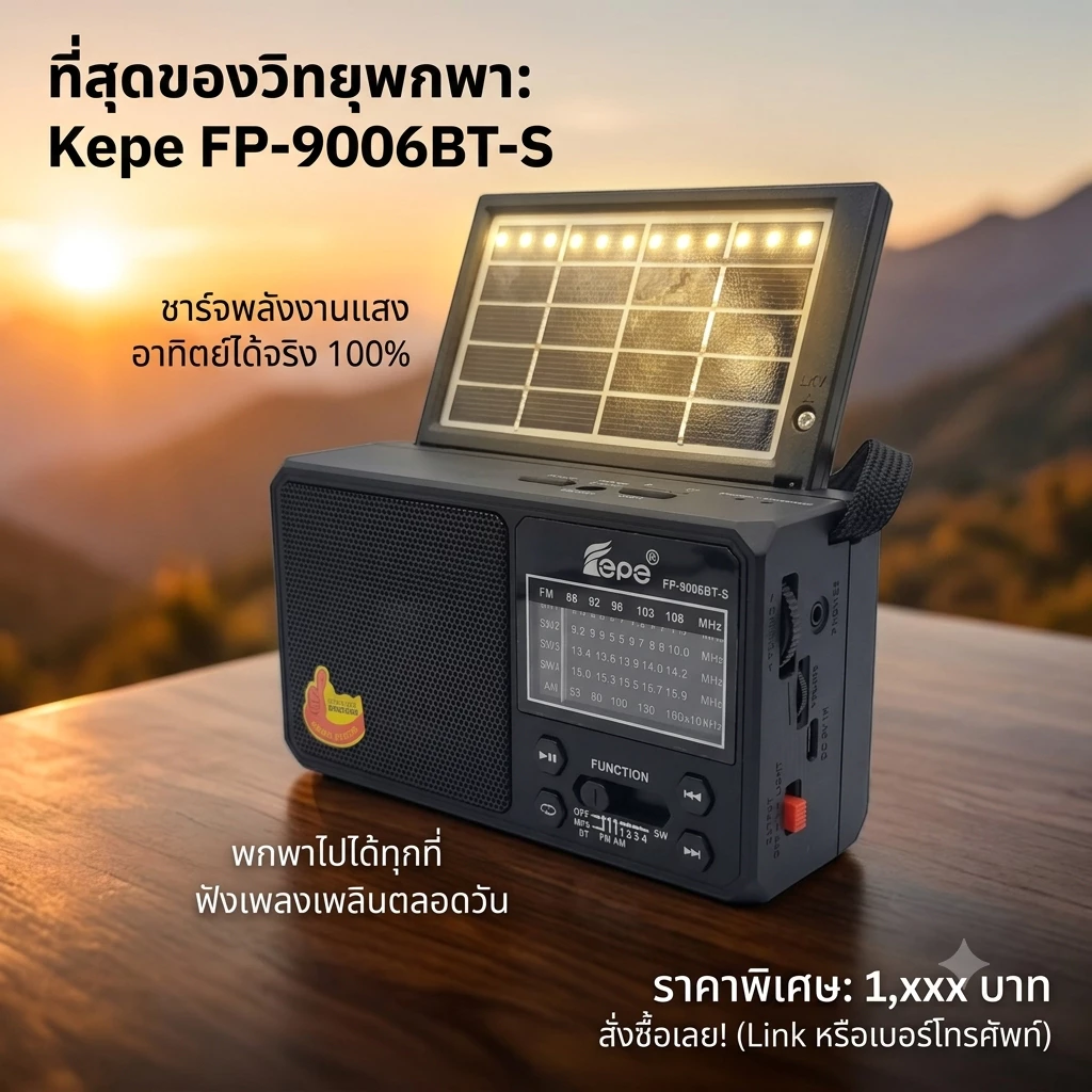"NEW" วิทยุFM โซล่าเซลล์รุ่นMP-2206 BT-S