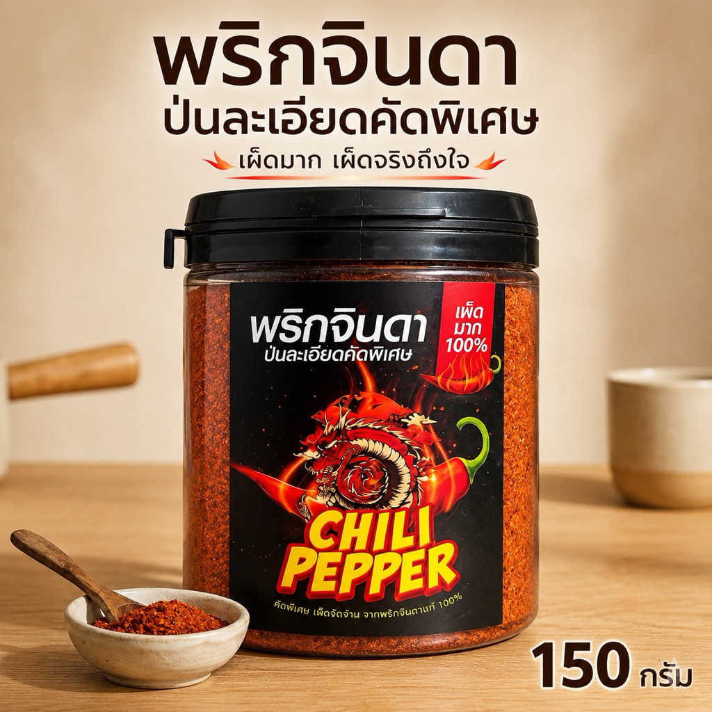 พริกจินดาป่นละเอียด เผ็ดมาก คั่วใหม่ หอมจริง ไม่ผสมก้าน 150g พริกป่นคั่ว(ฝาดำ)