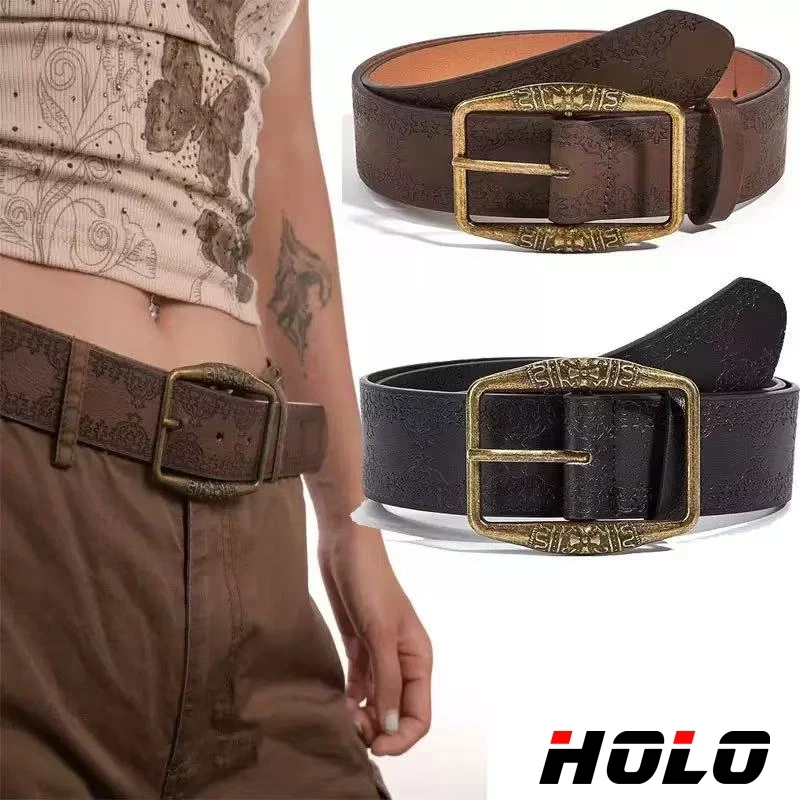HOLO เข็มขัดผู้หญิงสไตล์วินเทจอเมริกัน สี น้ำตาล ดีไซน์ชาติพันธุ์ เข้ากับกางเกงยีนส์และชุดลำลอง ดูหรูมีสไตล์