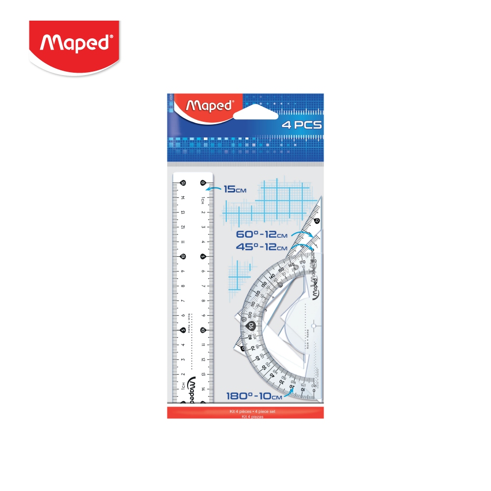 Maped (มาเพ็ด) ชุดเรขาคณิต 4P 15 ซม. ไม้บรรทัด ไม้ฉาก ไม้บรรทัดครึ่งวงกลม รหัส TC/242815