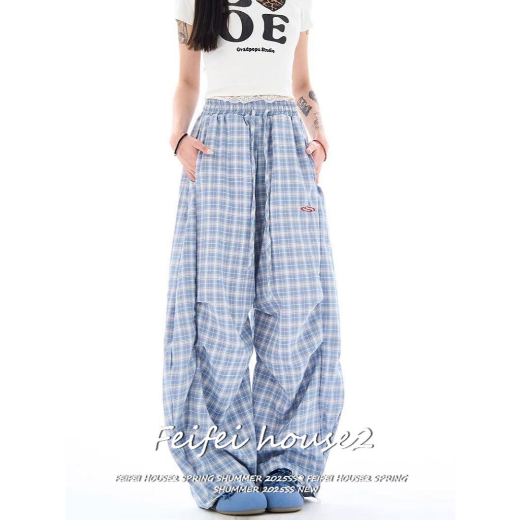 [Feifei-Summer plaid long pants]กางเกงขายาวกว้างขาลายตารางสีตัดกันรอยย่นลำลองฤดูร้อนสไตล์อเมริกัน