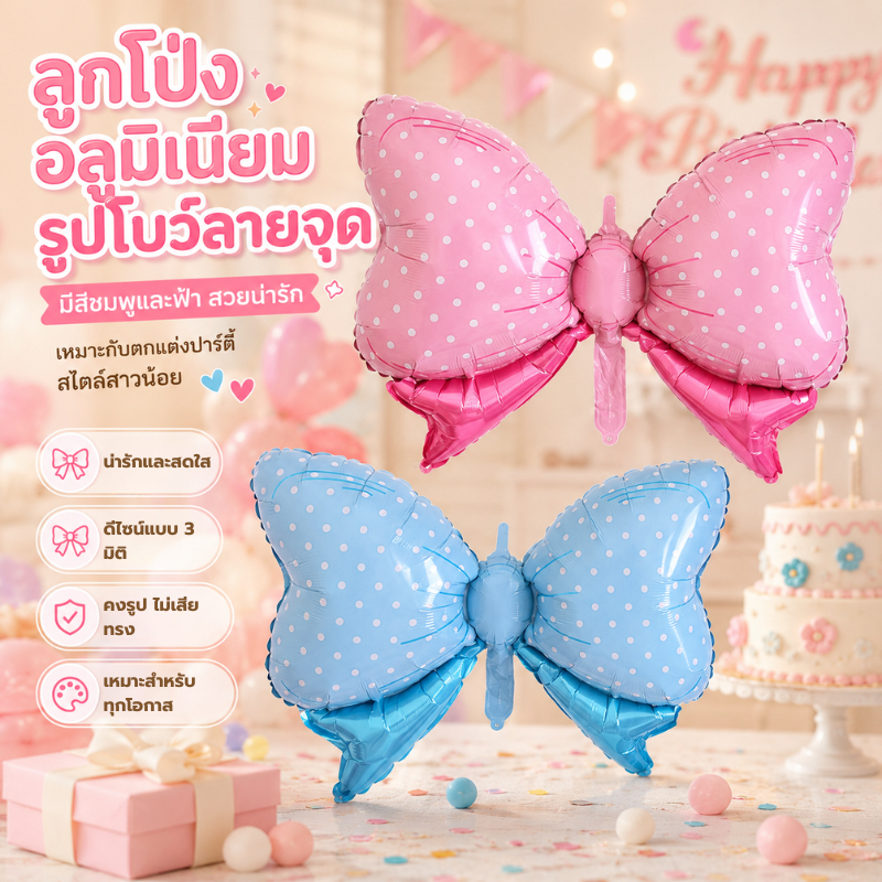 ลูกโป่งฟอยล์รูปโบว์ลายริบบิ้น สีสวยหวานน่ารัก เหมาะตกแต่งงานวันเกิดและปาร์ตี้ ส่งสินค้าเร็วจากกรุงเทพ