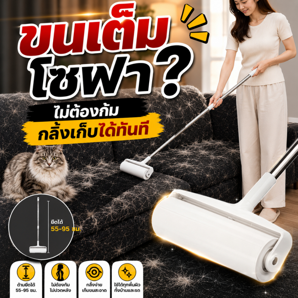 ลูกกลิ้งเก็บขนสัตว์ ขนแมว ขนหมา ด้ามยาว เก็บฝุ่นและเส้นผม รีฟิลเปลี่ยนได้ ใช้ได้ทุกมุมในบ้าน