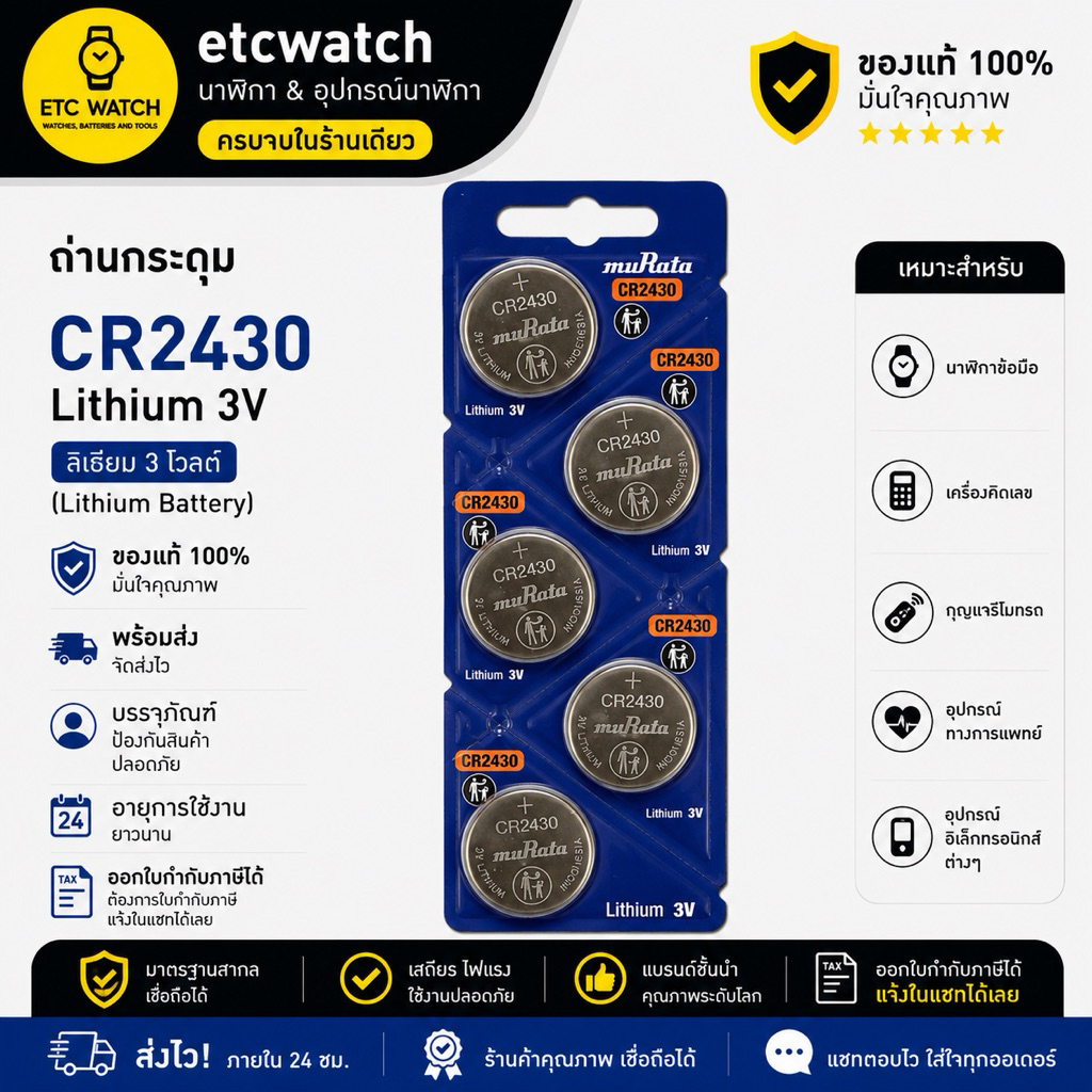 พร้อมส่ง> ถ่านกระดุม Murata CR2430 1แผง 5 ก้อน