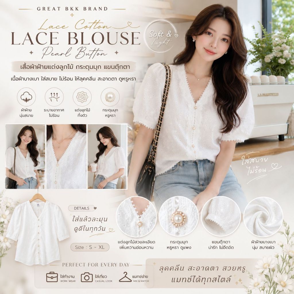 ✦.New Arrival.✦ เสื้อสีขาว ผ้าคอตตอนลูกไม้ฉลุทั้งตัว สไตล์เกาหลี ทรงคอวี กระดุมหน้าแกะได้ แขนตุ๊กตา มีซับใน งานพรีเมี่ยม