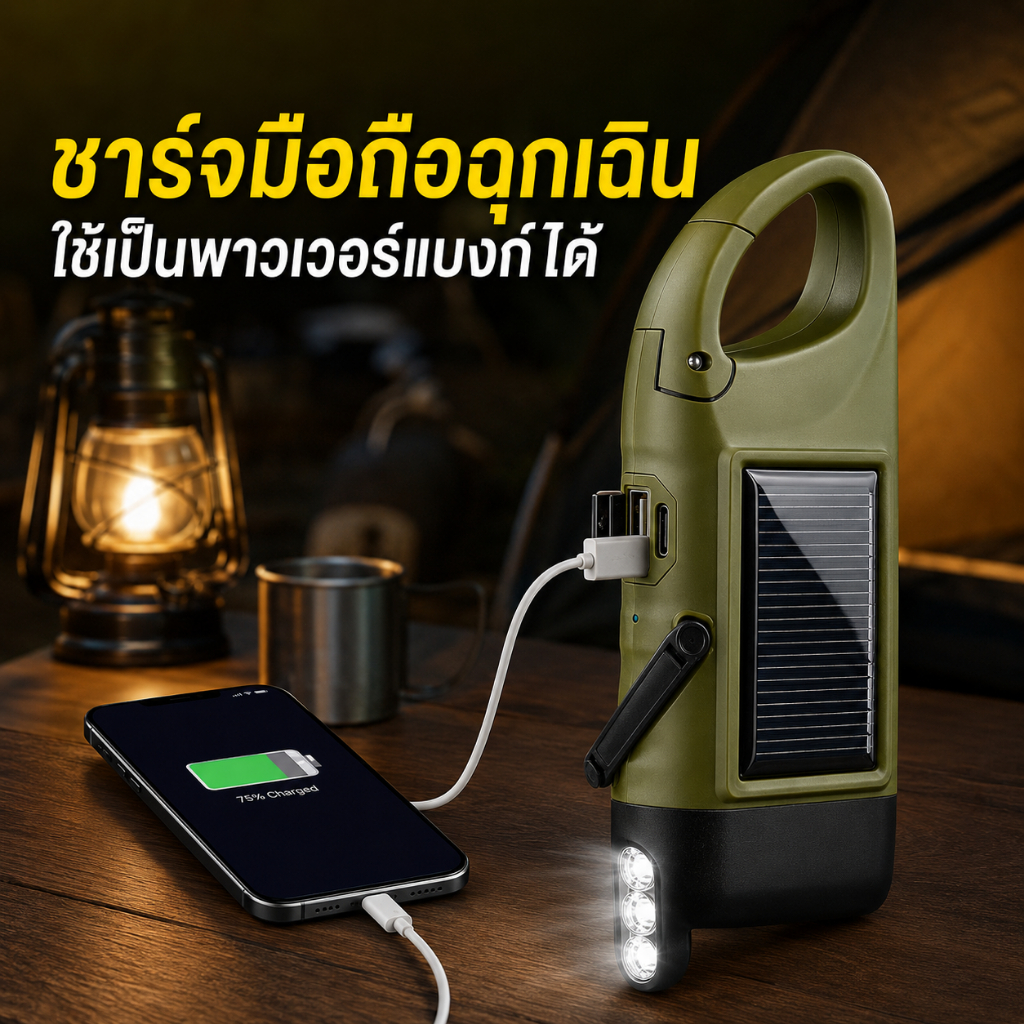 Evora ไฟฉายพกพา ไฟโซล่าเซลล์ Solar ไฟฉายพลังงานแสงอาทิตย์มือหมุนไดนาโมโคมไฟ นํา แบบชาร์จไฟได้ชาร์จไฟฉายทรงพลัง