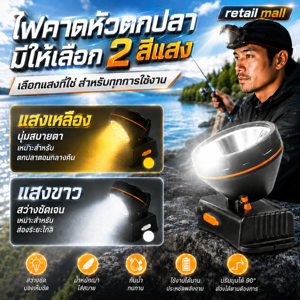 ไฟฉายคาดหัวแรงสูง ไฟฉายคาดหัว LED สว่าง ส่องไกล ทนทาน ชารจ์ไฟได้ High-strength Head 2000W ส่องไกล ไฟฉายแรงสูง RH-5108