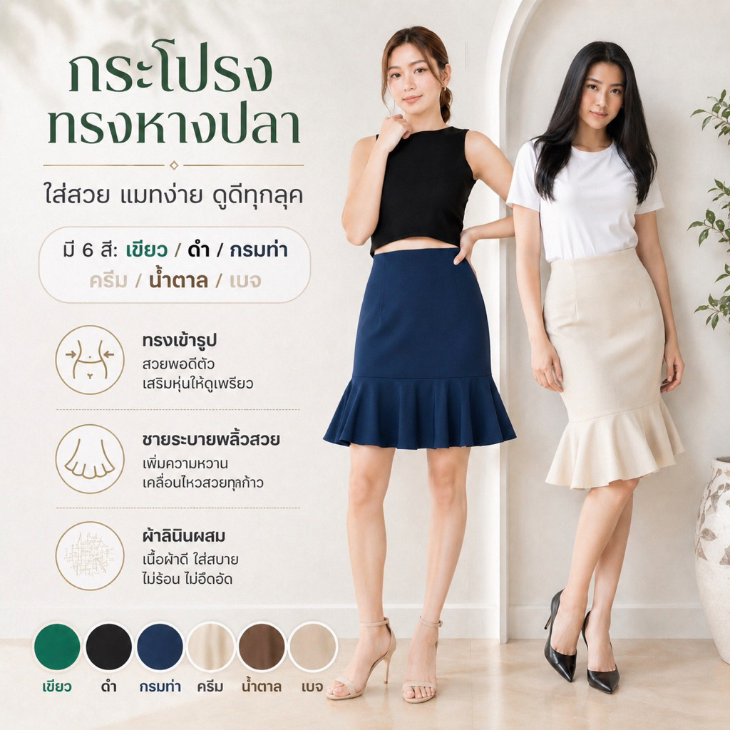 กระโปรงผ้าฮานาโกะ ทรงหางปลา(ยาว) ไม่มีกระเป๋า สินค้าพร้อมส่งมีสต๊อกสินค้า