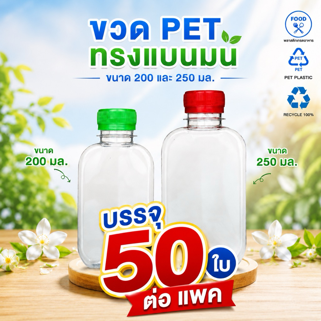 (50 ใบ) ขวดพลาสติก PET ทรงแบนมน