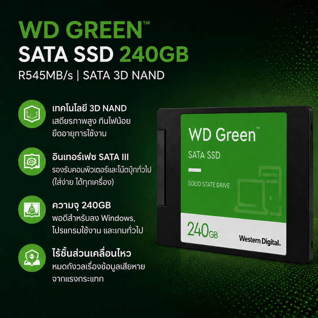 WD Green SSD 240GB SATA III 2.5" (WDS240G3G0A) **สินค้าRecertified**