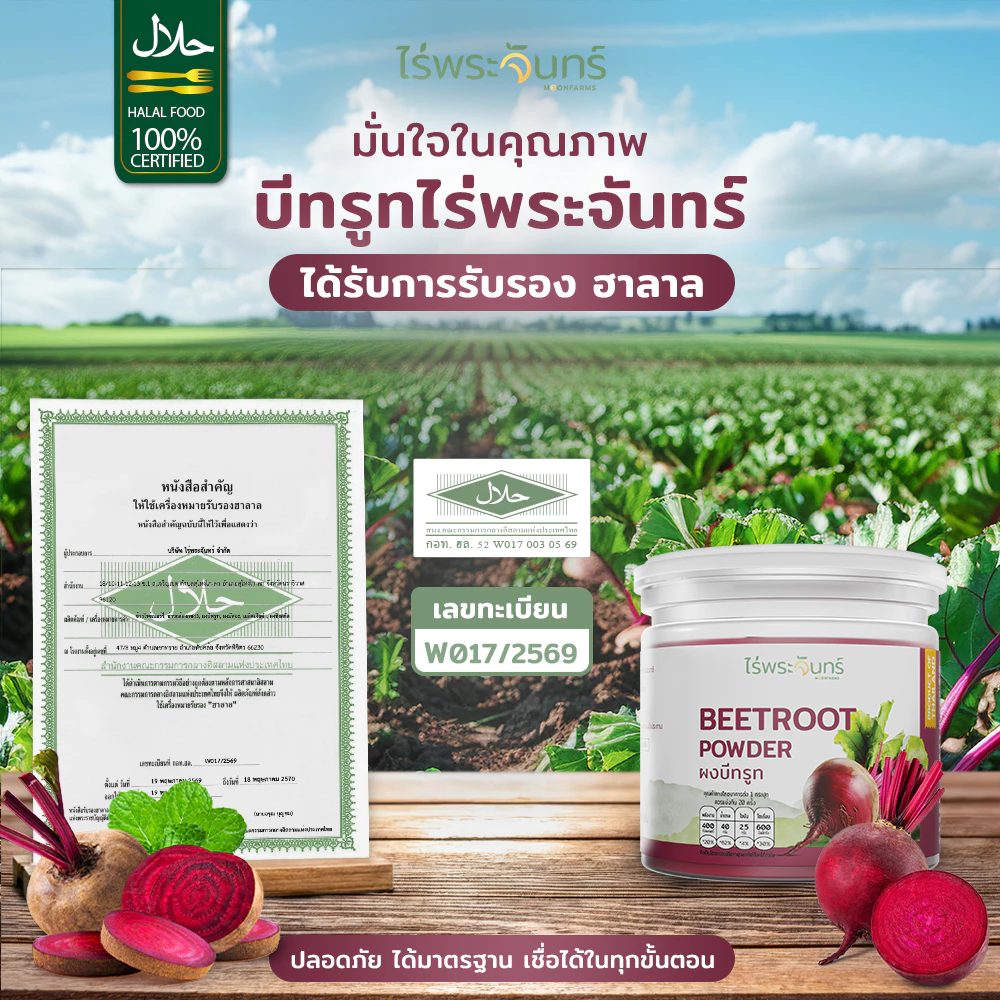 ผงบีทรูท มีอย. แท้ ไม่ผสมแป้งและน้ำตาล แบรนด์ไร่พระจันทร์ ( MOONFARMS ผงบีทรูทแท้ บีทรูทสกัด บีทรูทผง บีทรูท Beetroot ) thumbnail 8