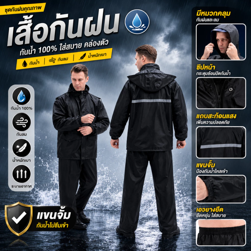ชุดกันฝน เสื้อพร้อมกางเกง หนา มีแถบสะท้อนแสง