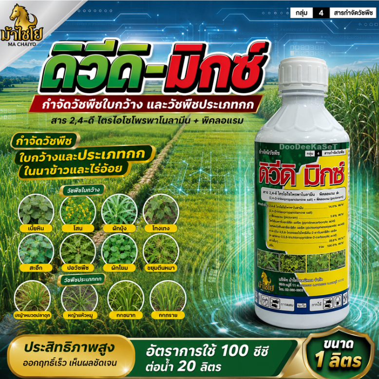 ดิวิดิ มิกซ์ 1 ลิตร 24D + พิโคลแลมกำจัดวัชพืชใบกว้าง กก นาข้าว อ้อย ข้าวโพด เช่น หญ้าผักเสี้ยน ผักปอดนา หนวดปลาดุก