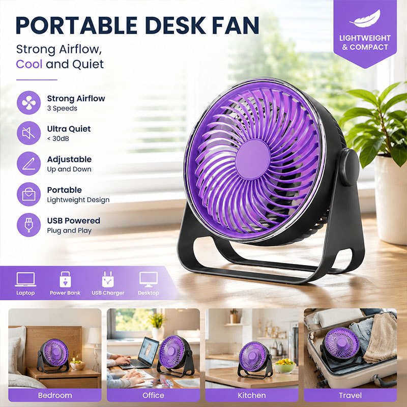 Desktop fan, silent and low-noise, with three speed adjustment, desktop air circulation fan, portable fan.