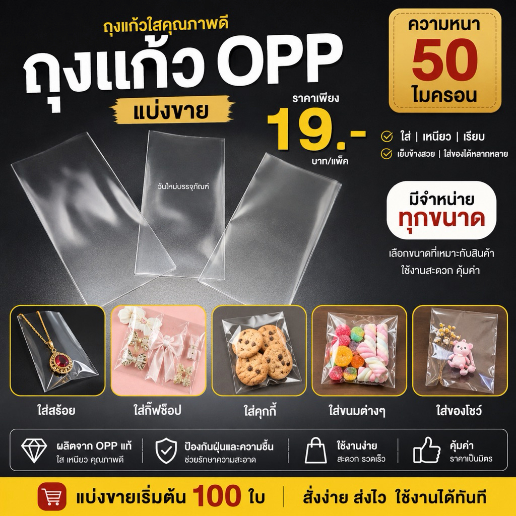 ถุงแก้วopp ถุงแก้วใส ถุงใส่กิ้ฟช็อป หนา50 MICON (แบ่งขาย)ราคาถูกจ้า