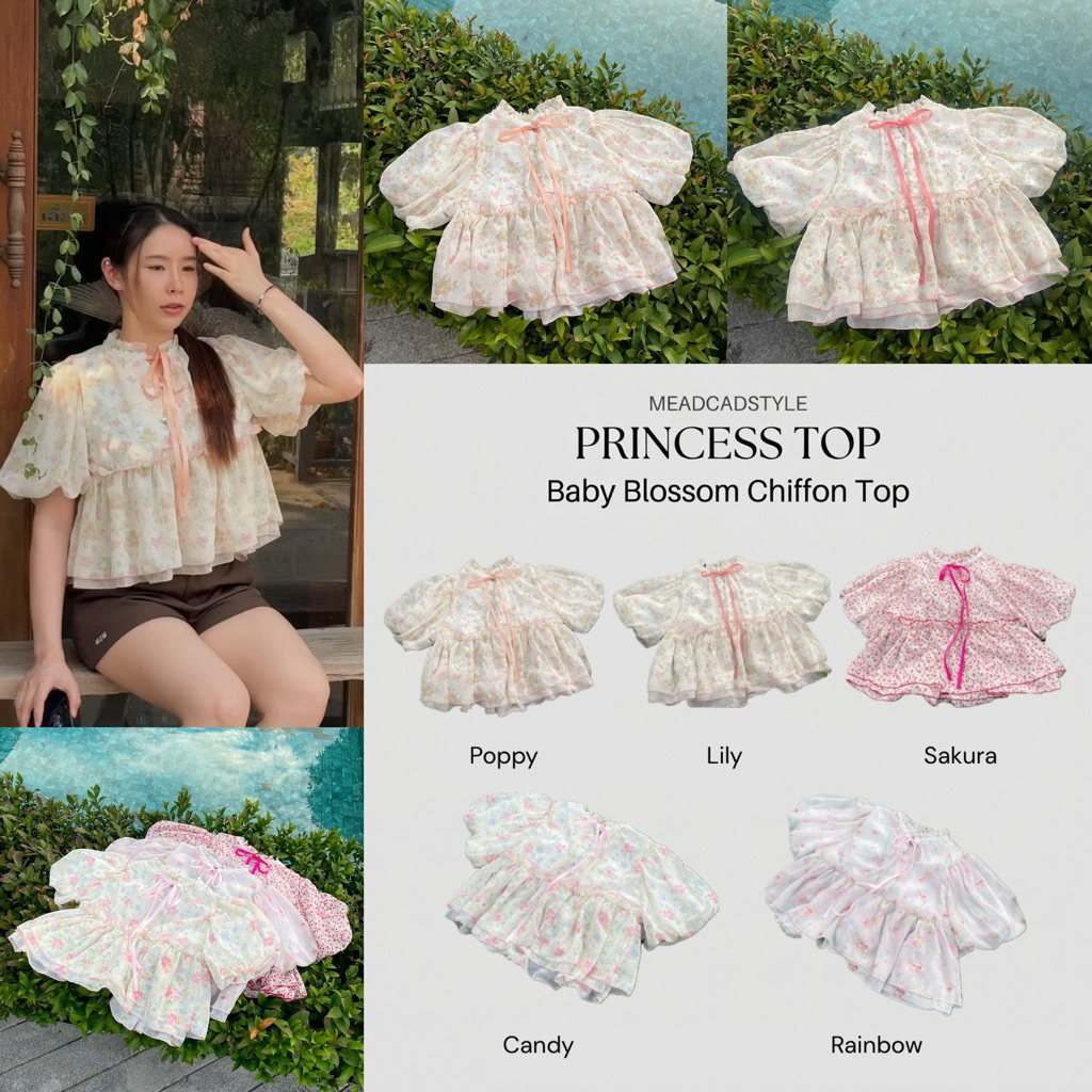 เสื้อทรงเจ้าหญิงแต่งระบายผ้าชีฟองใส่สบาย Baby Blossom Chiffon Top ดีไซน์ลายดอกไม้จิ๋ว เนื้อผ้าชีฟองเกรดพรีเมียม