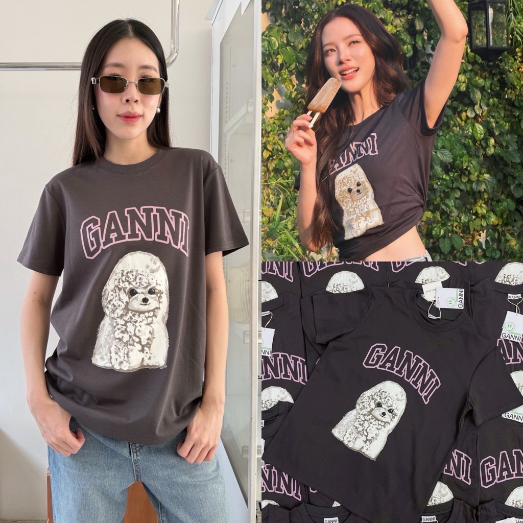Ganni T-shirt " Oversize เสื้อยืดคอกลมแขนสั้น งานชนช็อปไปเลยค้า ลายใหม่ น่ารัก เนื้อผ้าดี ลายสกรีน