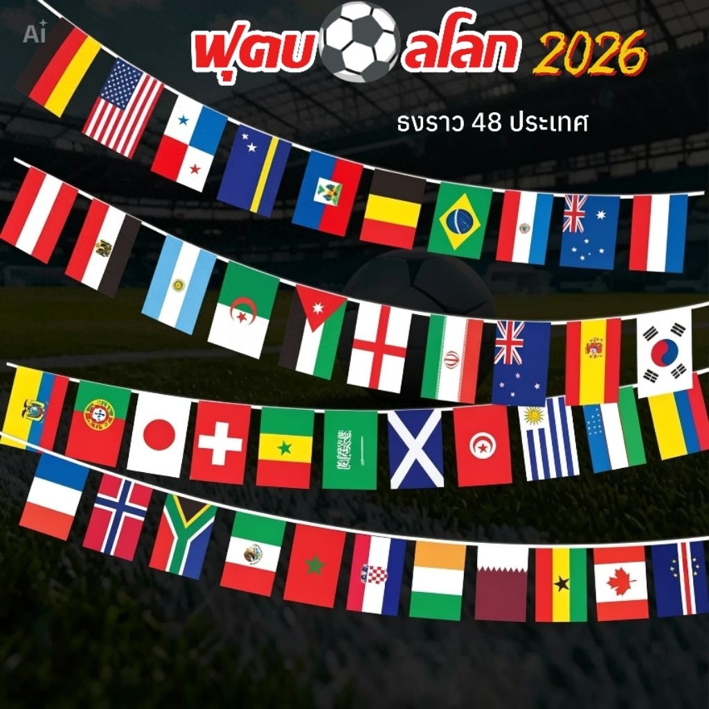 ธงราวบอลโลก FIFA World Cup 2026 ธง48 ประเทศ ธงผ้าแบรนเนอร์ใช้ประดับสถานที่ ร้านอาหาร สถานบันเทิง