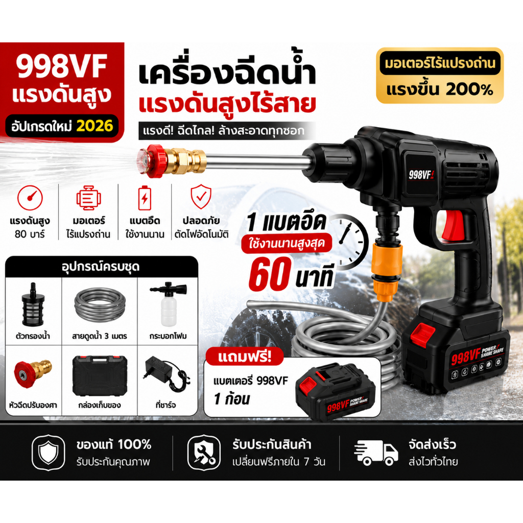 เครื่องฉีดน้ำแรงดันสูงไร้สาย 998V ล้างรถง่าย แถมแบต 2 ก้อน พร้อมอุปกรณ์ครบชุด ใช้งานได้หลายแบบ