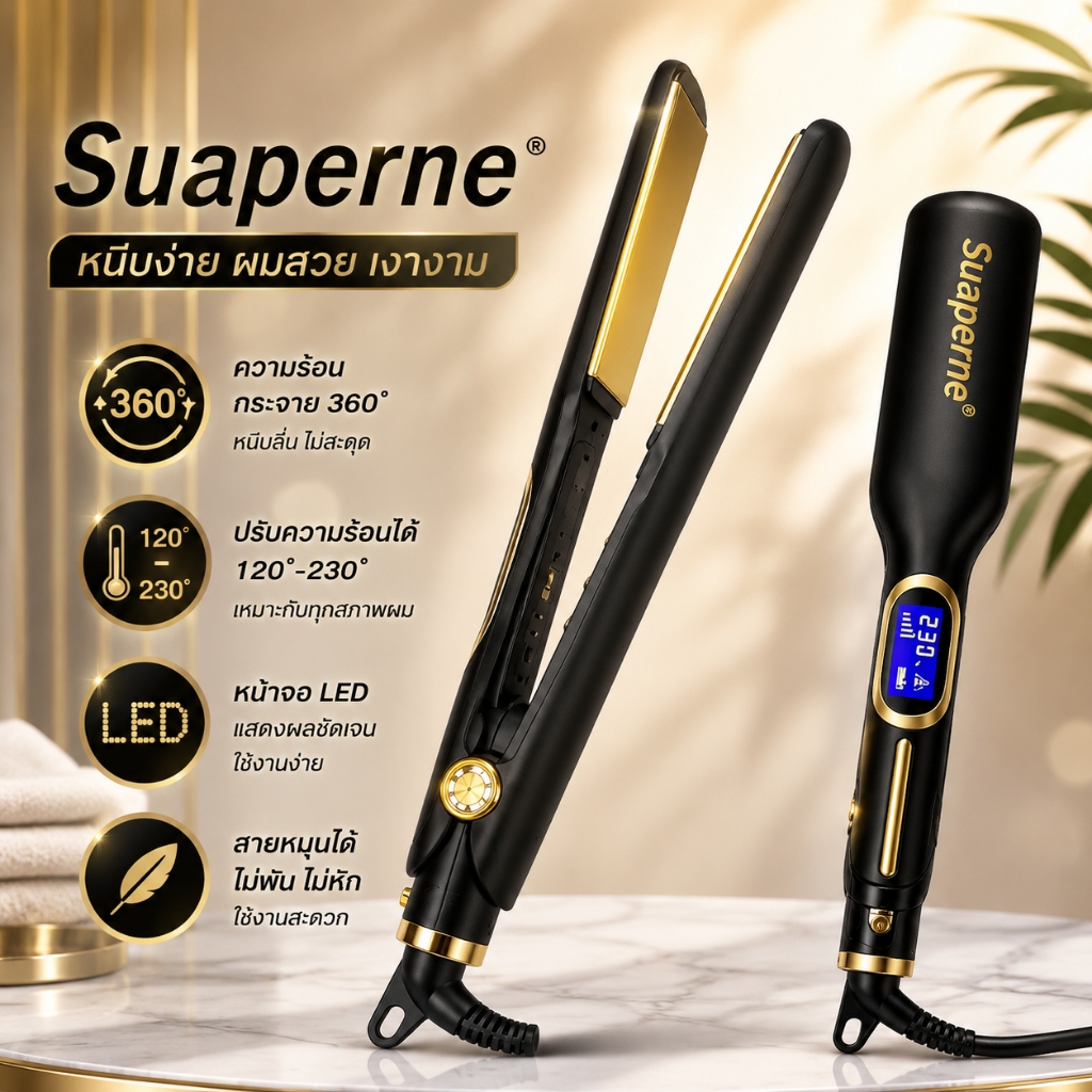 เครื่องหนีบผม Suaperne หนีบตรงเร็ว 10 วิ แผ่นเซรามิก ผมตรงเงางาม ปรับความร้อนได้ 120-230°C