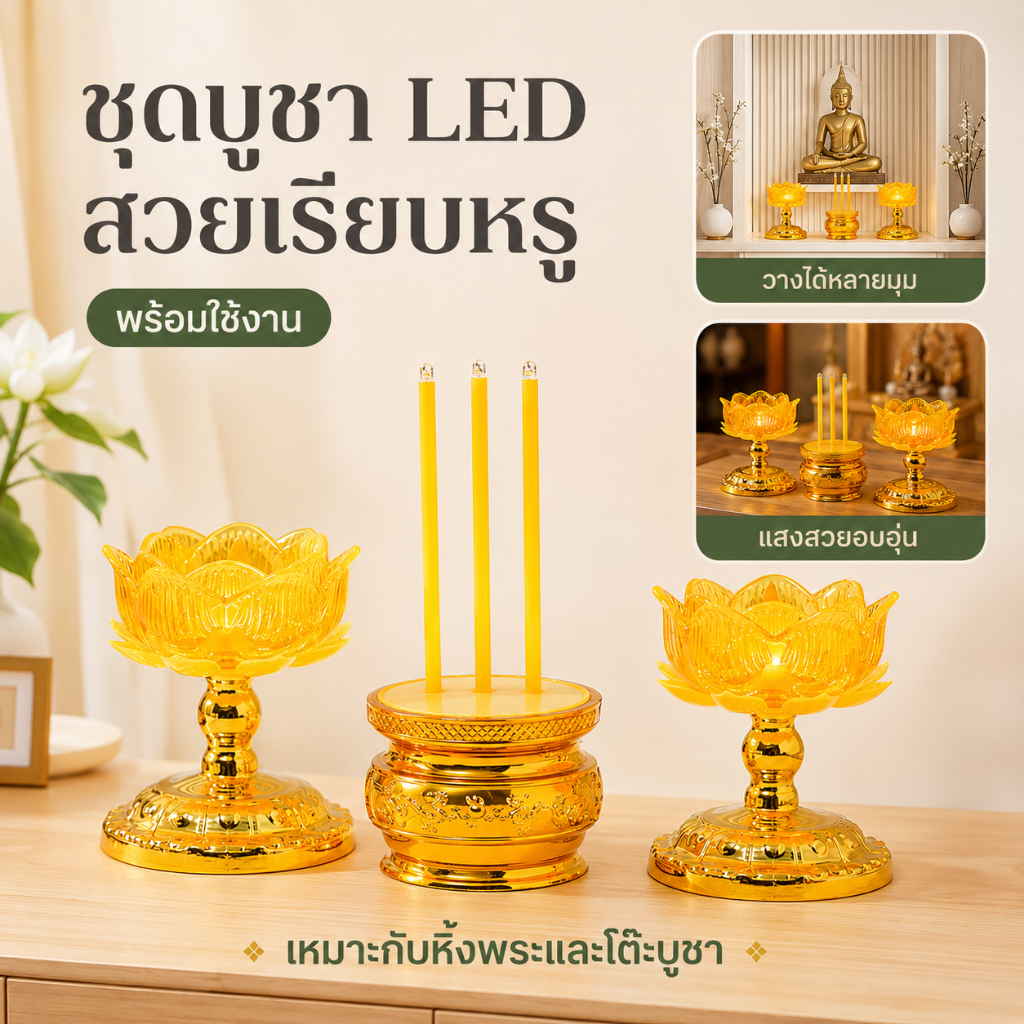 ชุดธูปเทียนไฟฟ้า LED ดอกบัว พร้อมเชิงเทียน ใช้ใส่ถ่าน สำหรับไหว้พระและตกแต่งโต๊ะหมู่