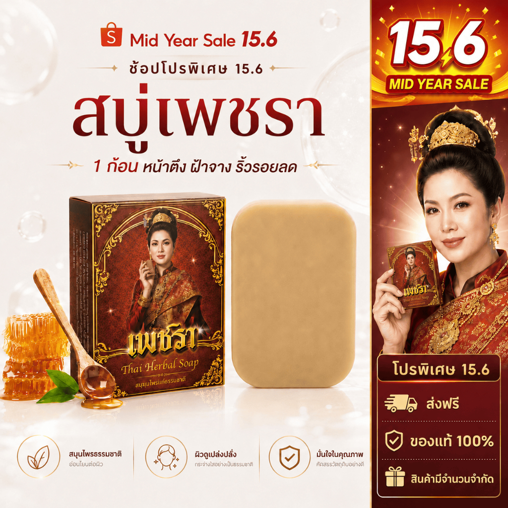 [โปรโมชั่น 1 ก้อน ] เพชรา Phetchara สบู่ล้างหน้าสมุนไพร พอกหน้า ดูแลริ้วรอย ฝ้า กระ 100 กรัม