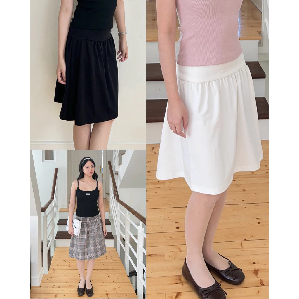(เติมดำ🖤)School midi skirt กระโปรงเอวสูง ทรงบานจีบเอว (happysummer.bkk)