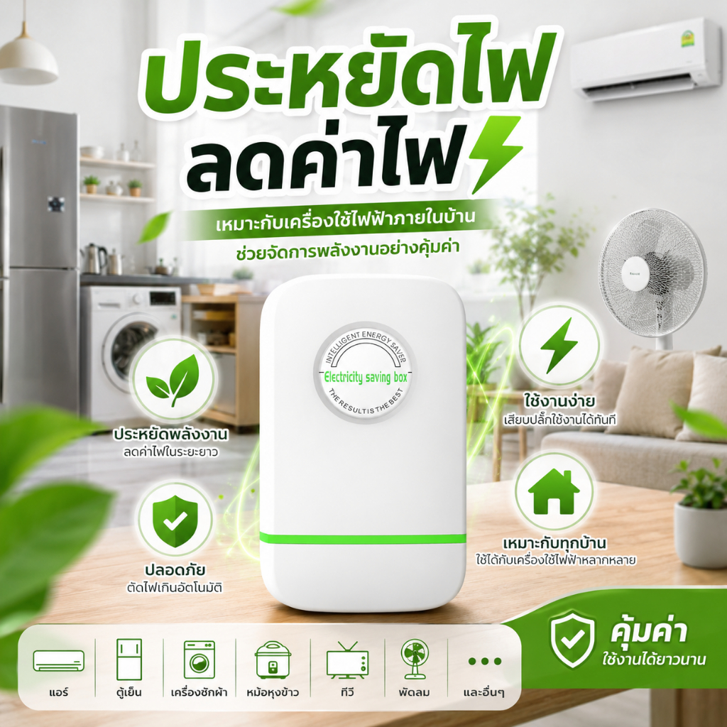 เครื่องประหยัดไฟ ลดค่าไฟ ใช้งานง่าย เสียบปลั๊กได้ทันที สำหรับบ้านและสำนักงาน
