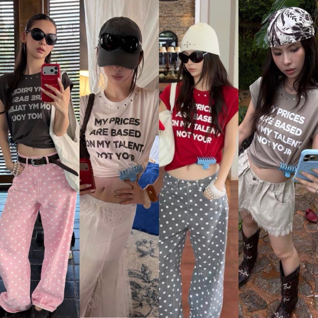 𝗠𝗢𝗧𝗧𝗢 𝗧𝗘𝗘 เสื้อยืดคอกลมตอกหมุด สไตล์เกาหลี