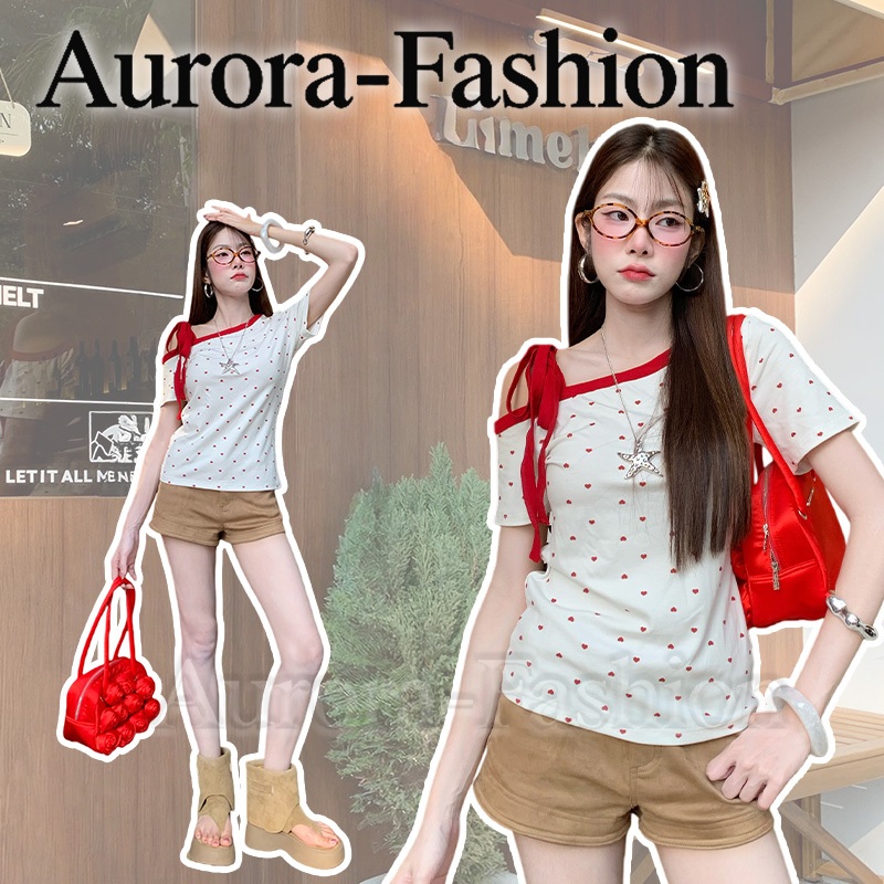 Aurora🛒พร้อมส่ง🚚 (รูปถ่ายจากงานจริง) เสื้อแขนสั้นไหล่เฉียง การออกแบบเชือกรูปโบว์ ทรงเข้ารูป สไตล์หวาน