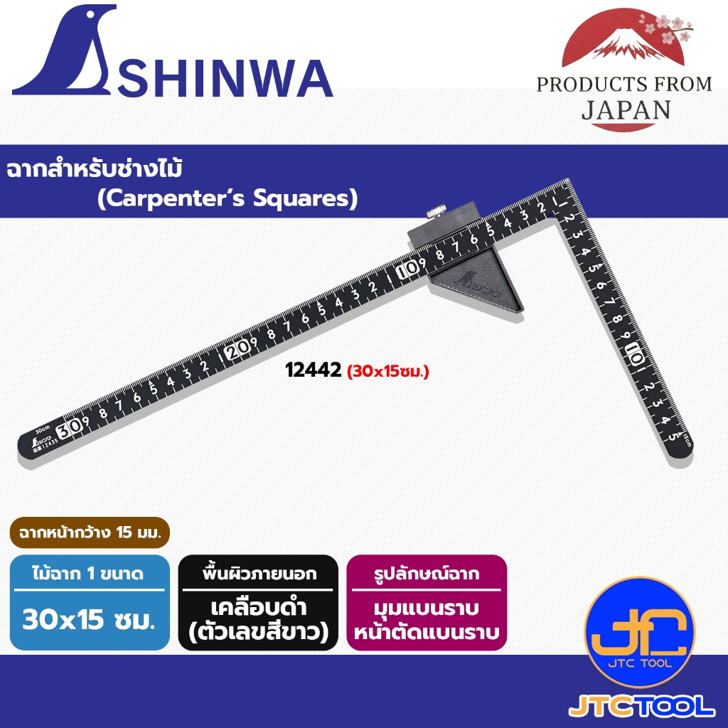 Shinwa ไม้ฉากเหล็กพร้อมตัวบล็อกล็อกระยะ รุ่นมุมแบบราบหน้าตัดแบนราบ ผิวเคลือบดำ - Steel Small square Black Coating with S