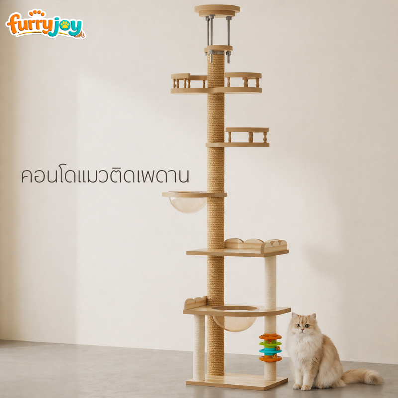[FurryJoy]คอนโดแมวติดเพดาน สูง 2.5-2.8M ไม่ต้องเจาะ บ้านแมวใหญ่ เปลอวกาศ เสาลับเล็บ DIY แข็งแรง มินิมอล