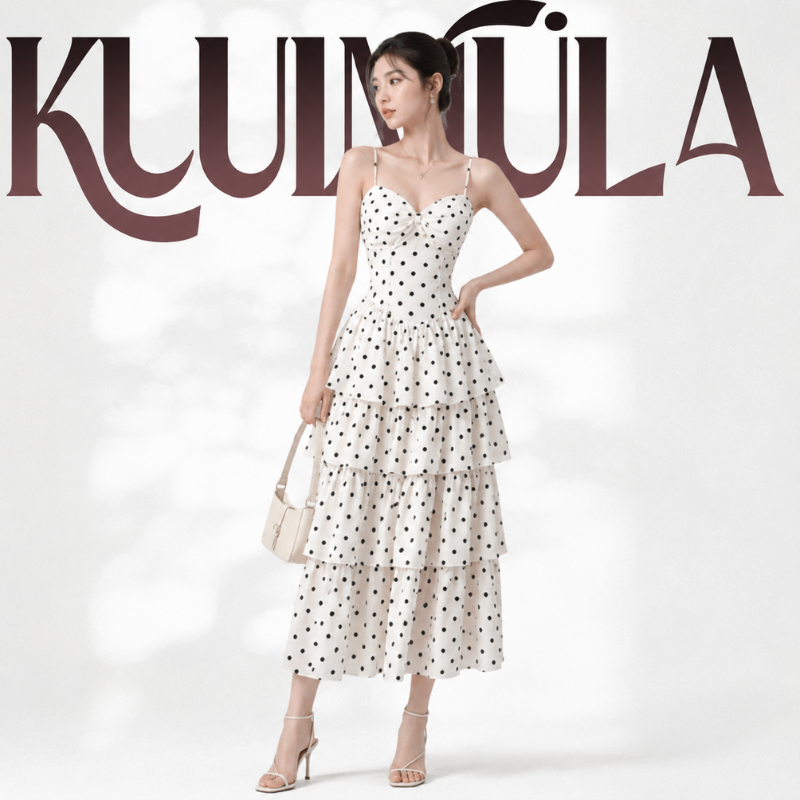 KULIMULA เดรสสายเดี่ยวลายจุดดำ ทรงกระโปรงหลายชั้น สไตล์หวานละมุน เหมาะใส่ไปเที่ยวหรือออกเดทสุดโรแมนติก YD59