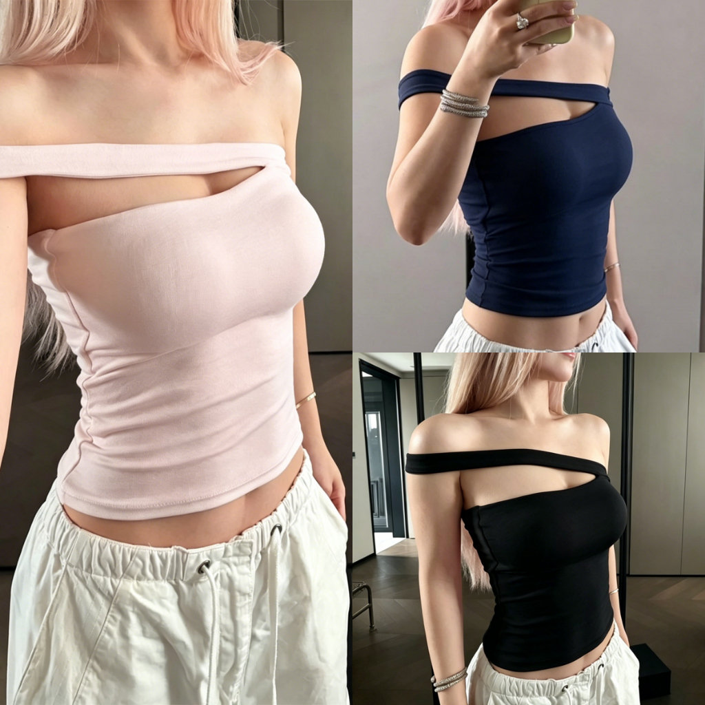 Beryl พร้อมส่ง เสื้อยืดไหล่เปิดผู้หญิง เสื้อครอปไหล่เฉียง ทรงกระชับรูปร่าง มีร่องอก ผ้ายืดนุ่ม สไตล์สาวแซ่บ