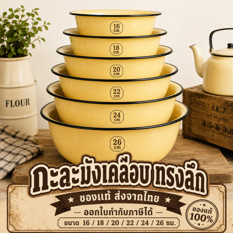 กะละมังเคลือบทรงลึก กะละมังเคลือบ ตรากระต่าย มีหลายขนาดเลือกได้ 16,18,20, 22, 24, 26 ซม. สีเหลือง ของแท้ คุณภาพดี เก็บเ