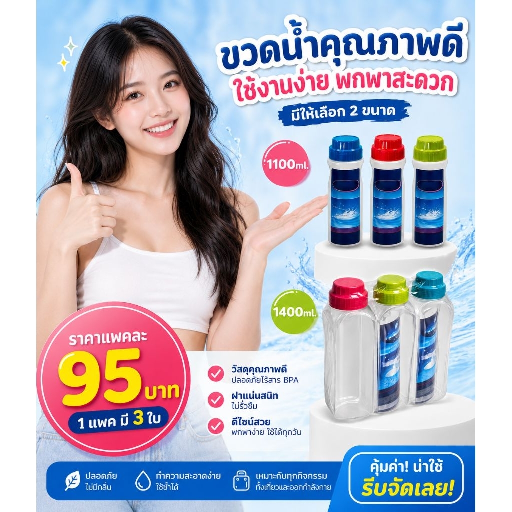 ขวดน้ำใส่น้ำดื่มแพค 3 ใบ ทรงกลมและเหลี่ยม ขนาดทรงกลม 1100 ml. และทรงเหลี่ยม1400ml.🔥