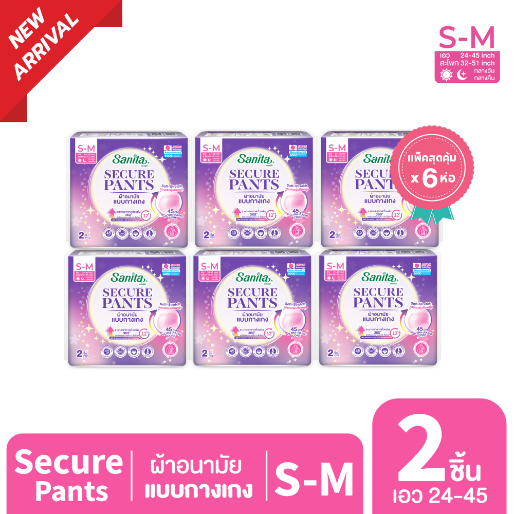 [แพ็ค X 6ห่อ] Sanita SecurePants / ผ้าอนามัยแบบกางเกง (ไซส์ S-M : 24-45 นิ้ว) 2 ชิ้น / ห่อ