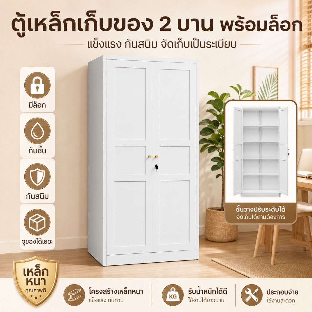 ตู้เก็บของเหล็ก 2 ประตู สีขาว พร้อมกุญแจล็อก ชั้นปรับระดับได้ เหมาะสำหรับบ้าน หอพัก คอนโด