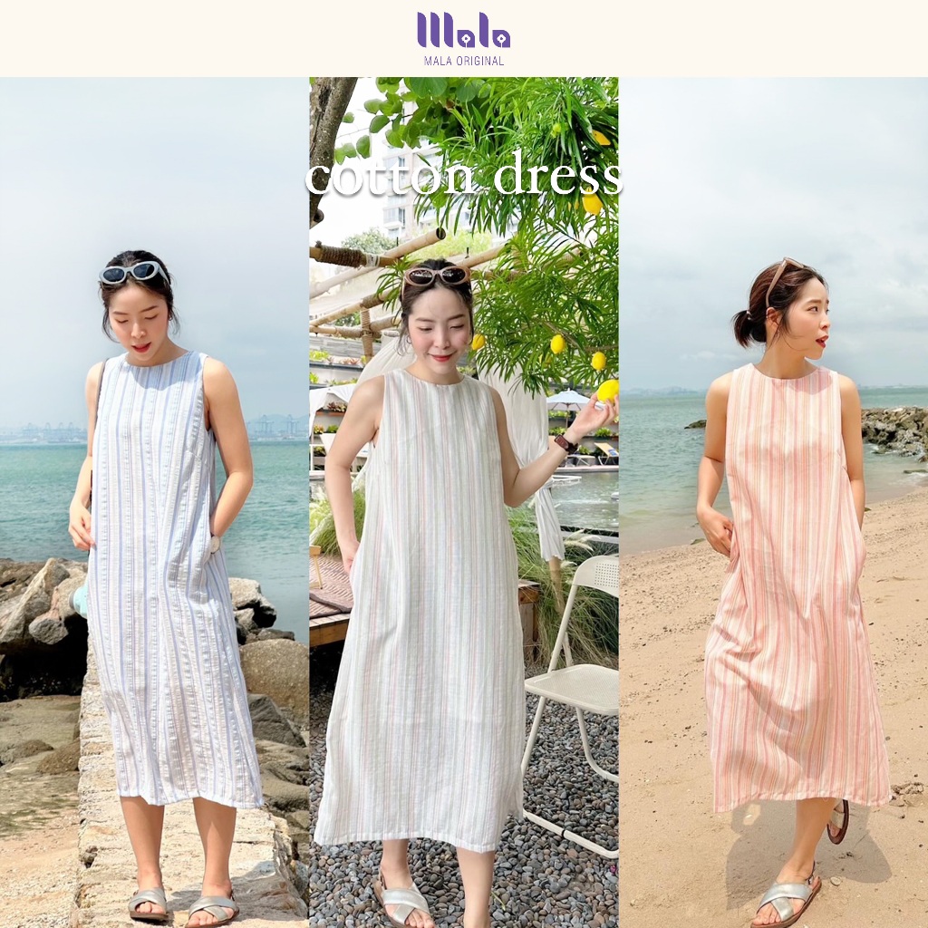 MalaOriginal | Cotton Linen Dress เดรสยาว ลายทาง