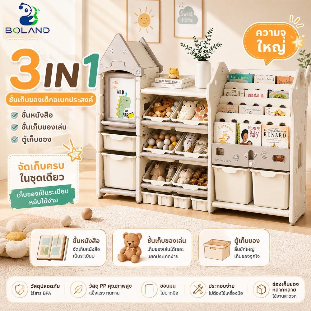 Boland ชั้นวางของเล่นเด็ก ชั้นวางของเด็ก ชั้นวางของเล่น ติดตั้งง่าย ตู้ใส่ของเด็ก รับน้ำหนักได้