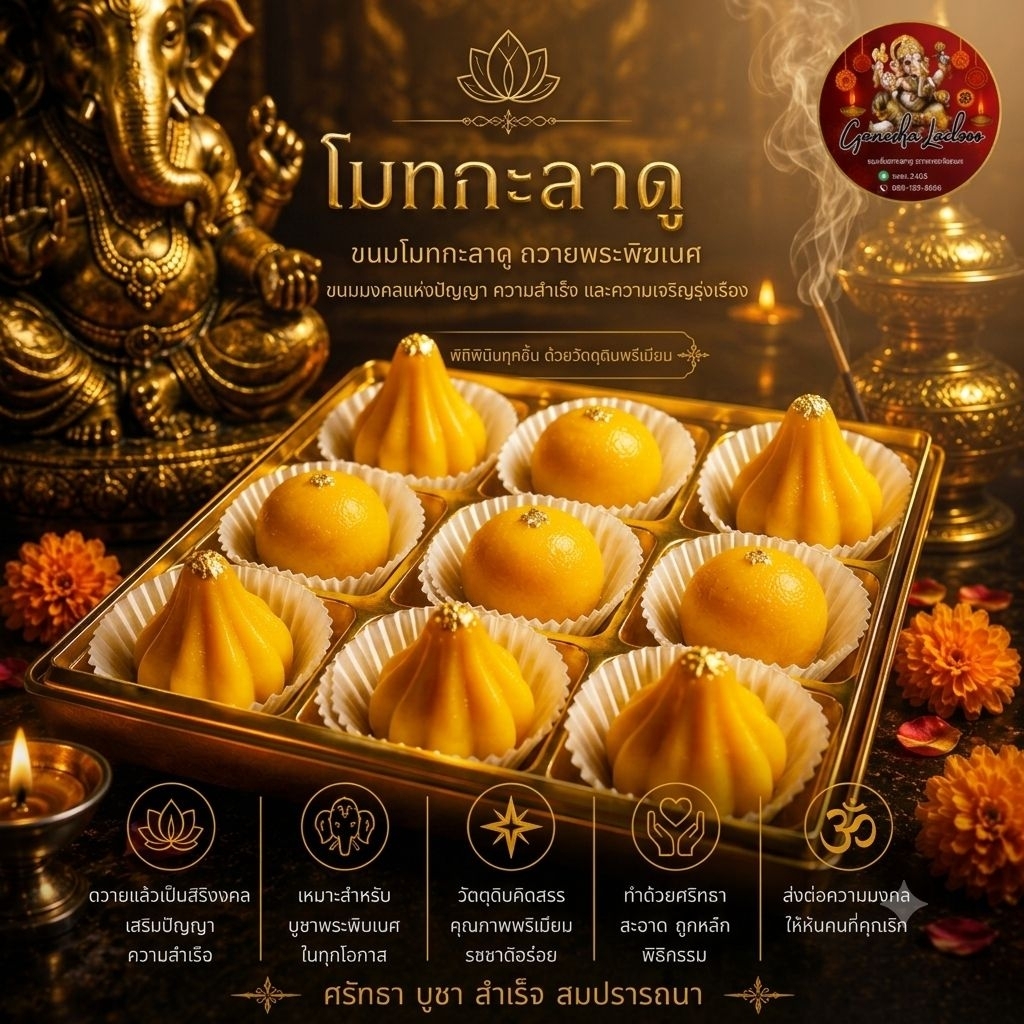 ขนมลาดู โมทกะ ถวายพระพิฆเนศ ของถวายพระพิฆเนศ ขนมแก้บน ถวายเทพฮินดู