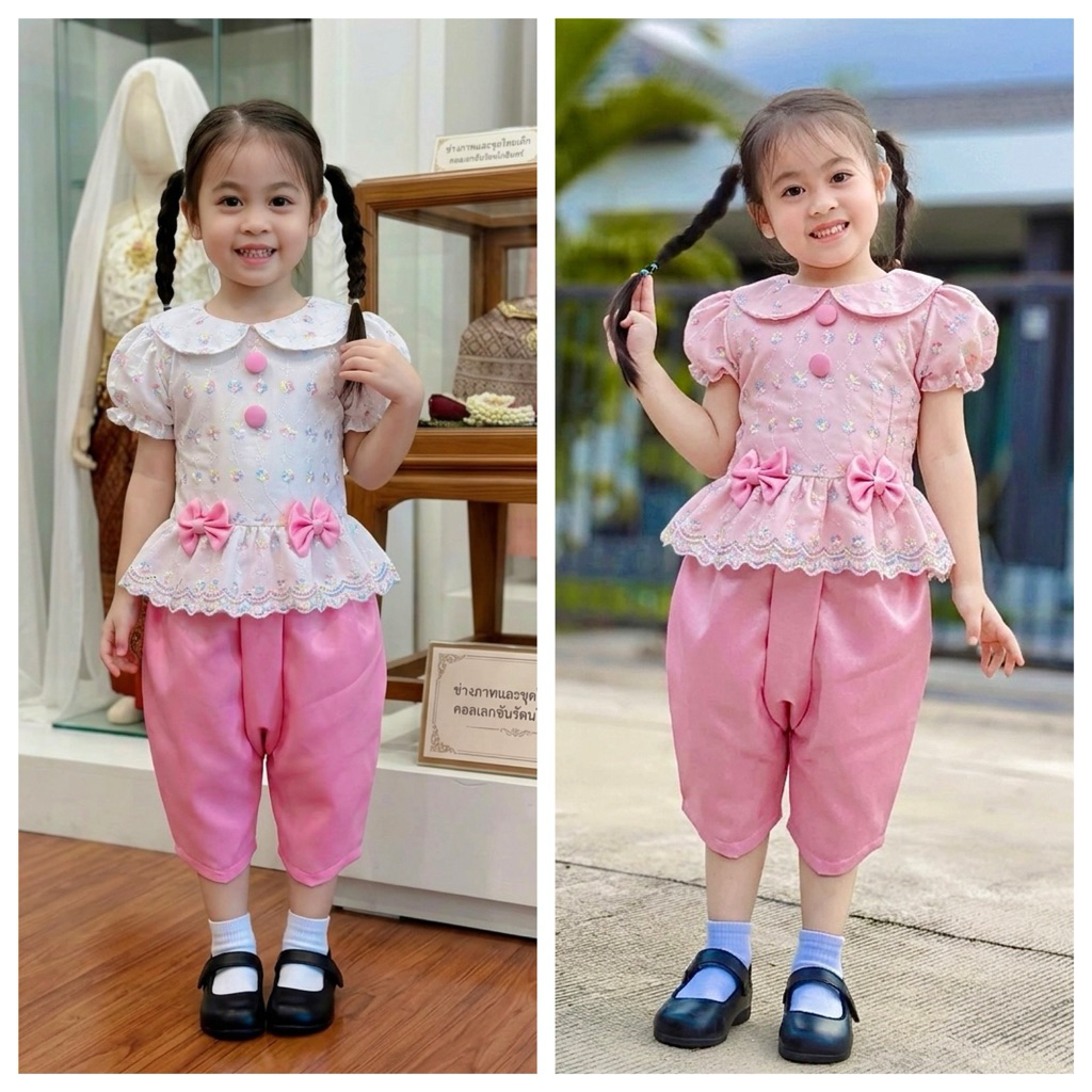 ชุดไทยเด็กผู้หญิง งานใหม่สุดน่ารัก ผ้าฉลูปักรุ้งสวยๆ ผ้าดีสีไม่ตก