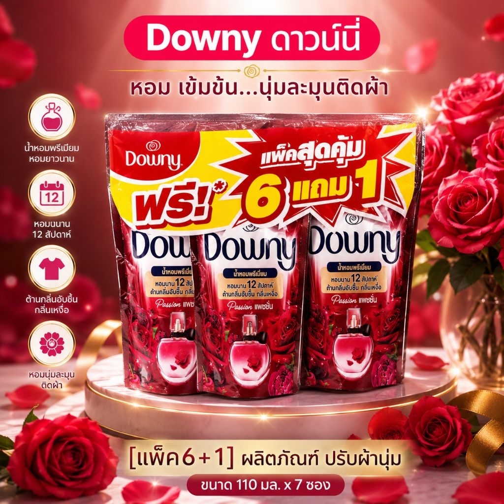 น้ำยาปรับผ้านุ่ม ดาวน์นี่ (Downy)โปรโมชั่นสุดคุ้ม(แพ็ค6แถม 1)ขนาด 100 มล. 7 ซอง