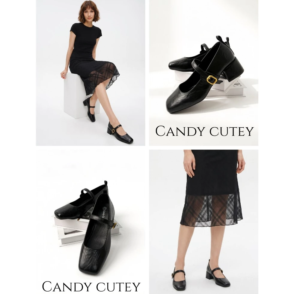 Candy Cutey รองเท้าแมรี่เจนส้นบล็อกผู้หญิง หัวเหลี่ยม หนังนิ่ม สายรัดปรับได้ สไตล์วินเทจ ใส่ได้ทุกโอกาส