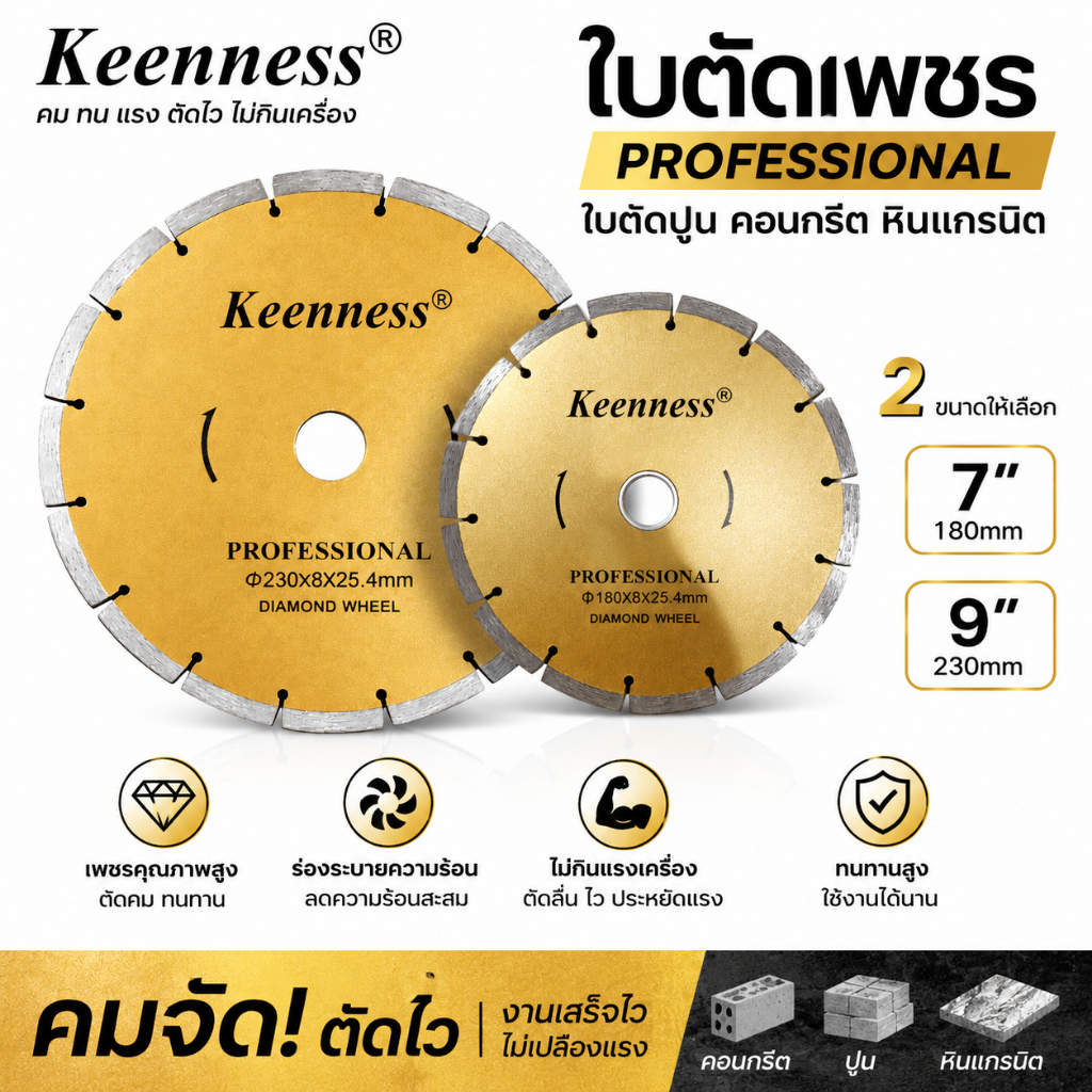 Keenness ใบตัดเพชร 7 นิ้ว 9 นิ้ว แบบร่อง PROFESSIONAL ใบตัดปูน คอนกรีต หินแกรนิต คมจัด ตัดไว ไม่กินแรงเครื่อง