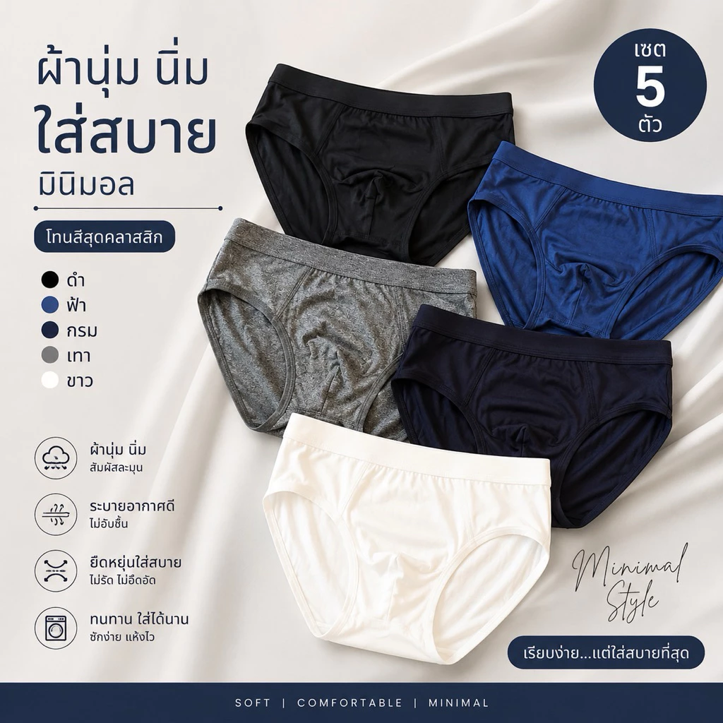 กางเกงในชายสไตล์เกาหลี ผ้านุ่ม ใส่สบาย มินิมอล เซต 5 ตัว