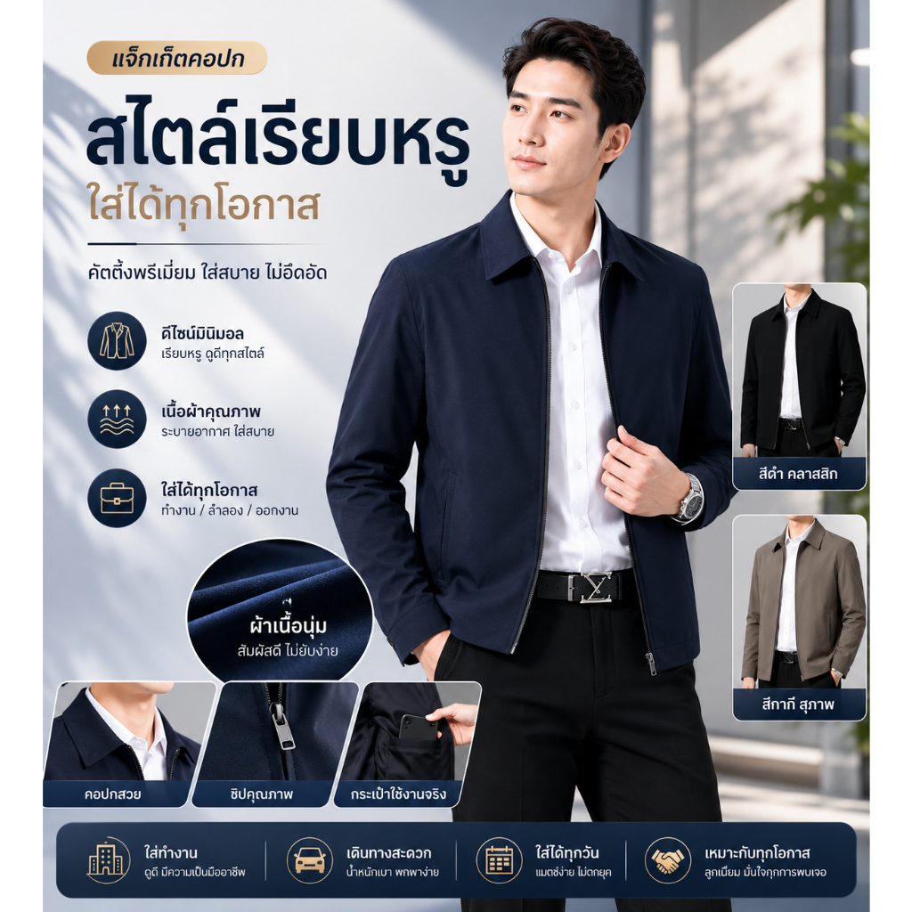 เสื้อแจ็คเก็ตลำลองสำหรับผู้ชาย เสื้อแจ็คเก็ตทำงานทรงบางสำหรับผู้ชาย เสื้อคลุมนอกสำหรับใส่ทำงาน